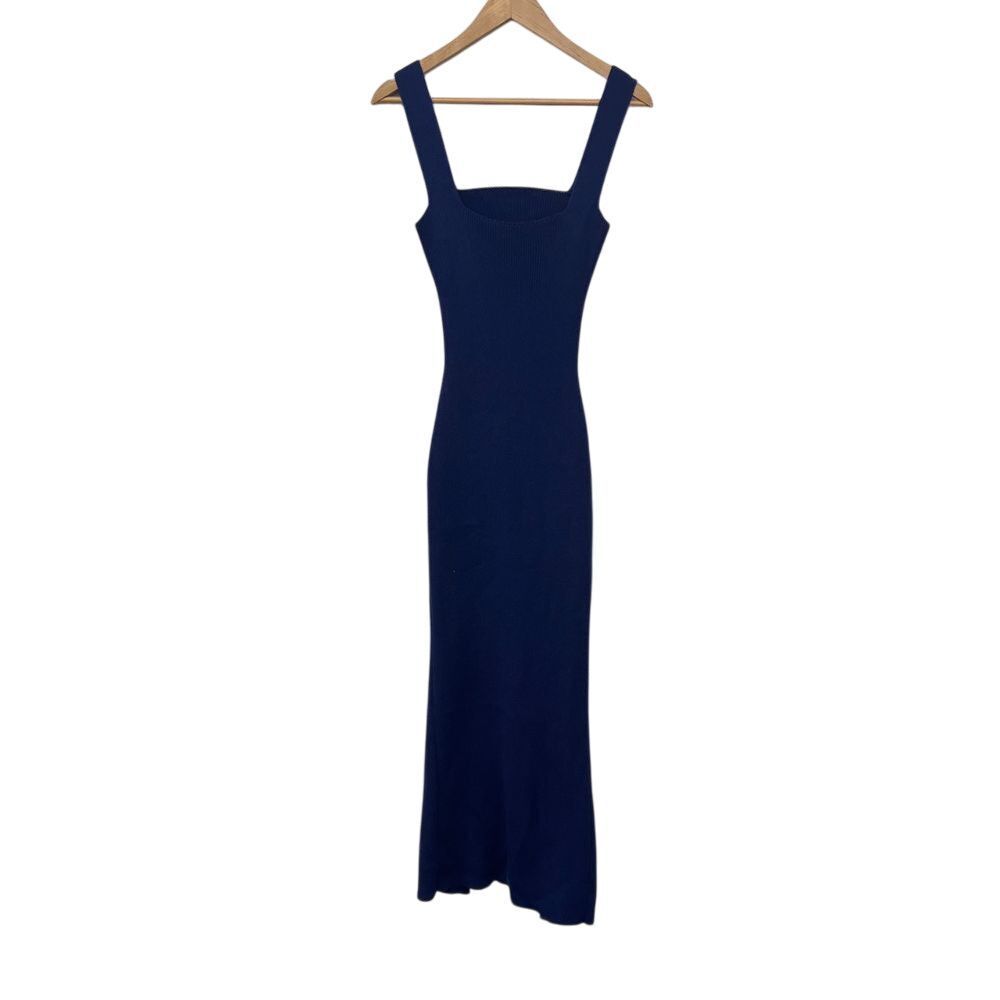 Bonhomia Navy Blue Ribbed Knit Maxi Dress Square Neck‎ Bodycon Evening NEW